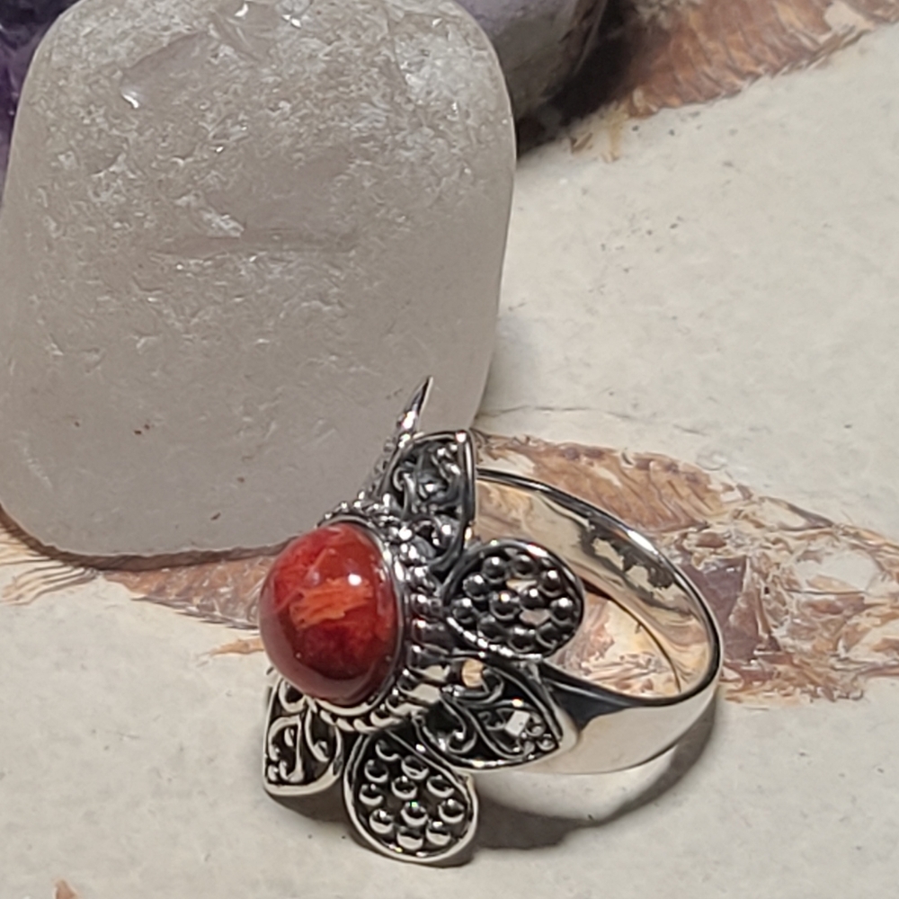 Sz 10 red Sponge Coral signed ring bbj silver 925